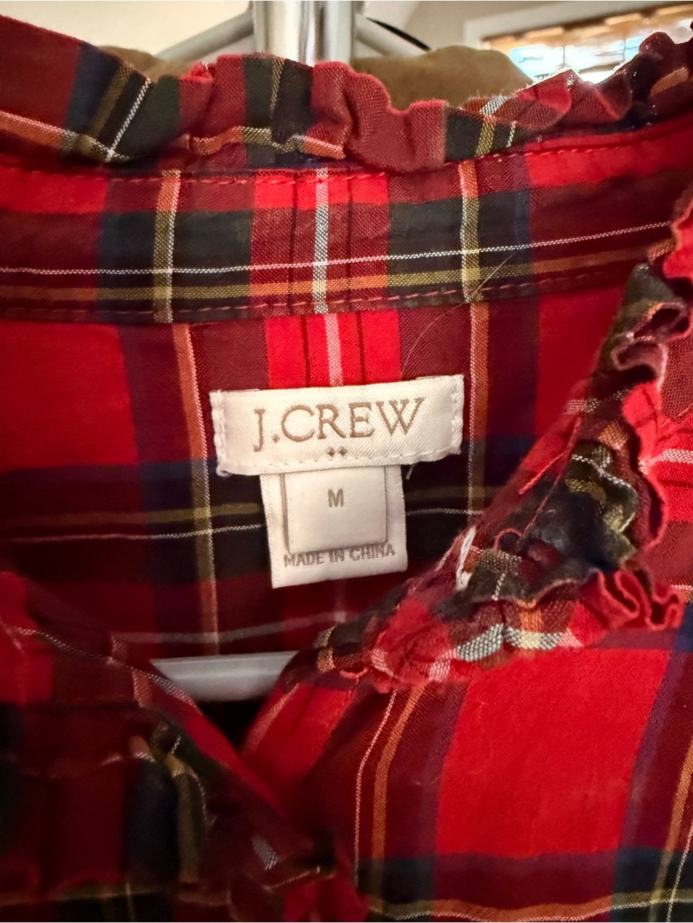 J. Crew Red Plaid Ruffle-Neck Button Shirt - Picture 3 of 5
